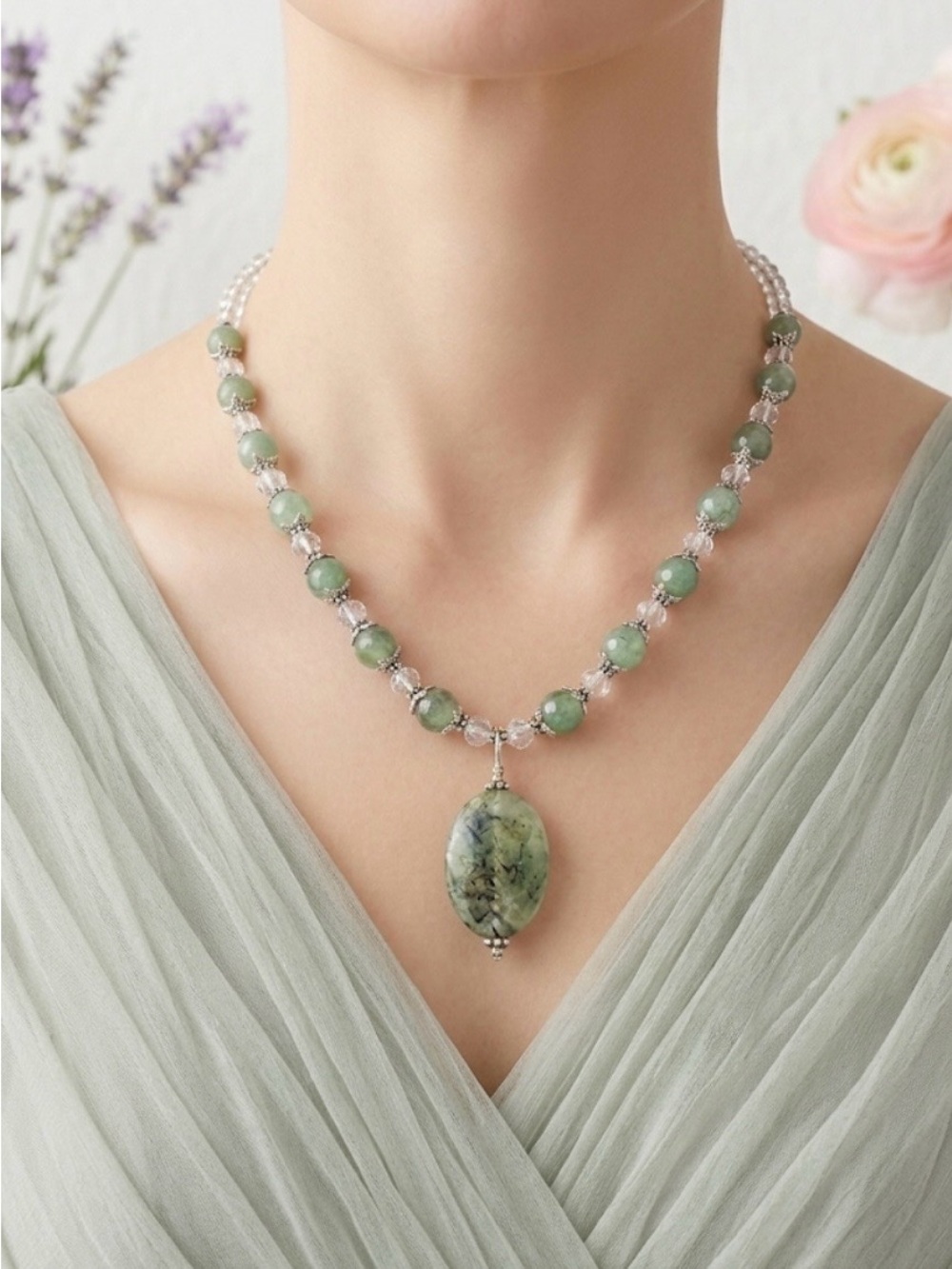 Handmade Faceted Prehnite Vintage Pendant & Moss Agate Statement Necklace - Picture 6 of 8